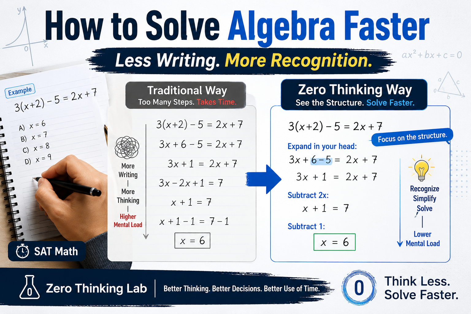 How to solve SAT algebra faster with less writing and more structure recognition
